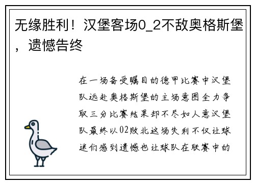 无缘胜利！汉堡客场0_2不敌奥格斯堡，遗憾告终